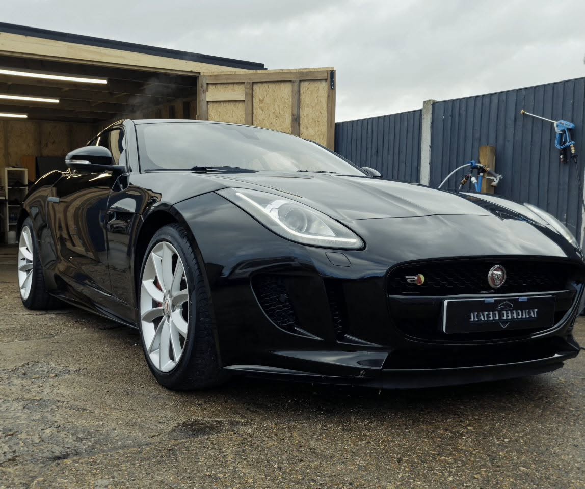 Full detail on a black Jaguar F-Type coupe at the Tailored Detail Hockley studio